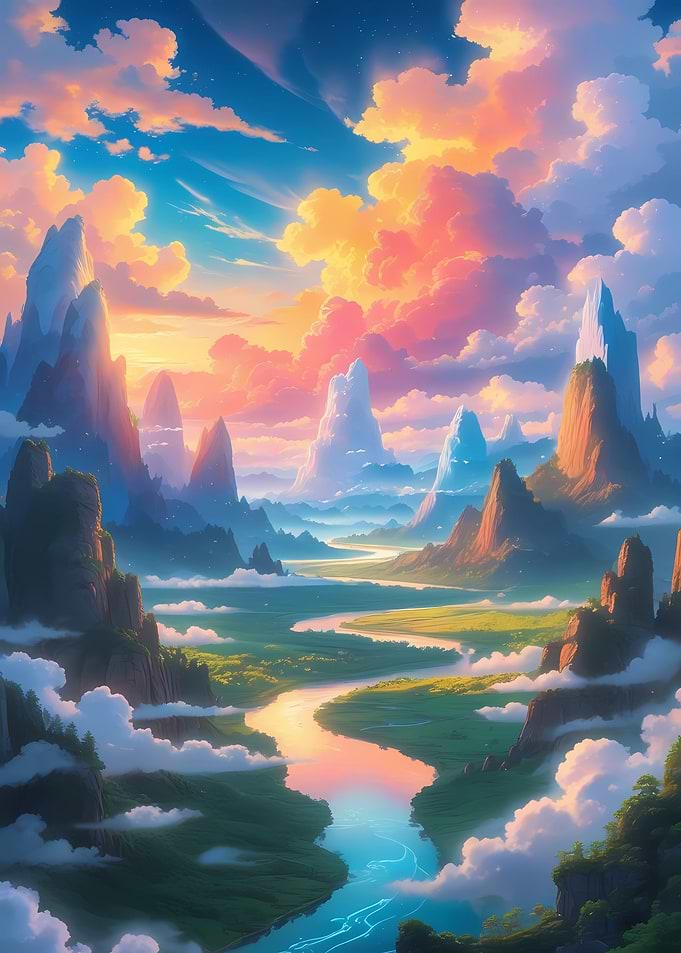 Fantasy Landscape with River and Mountains