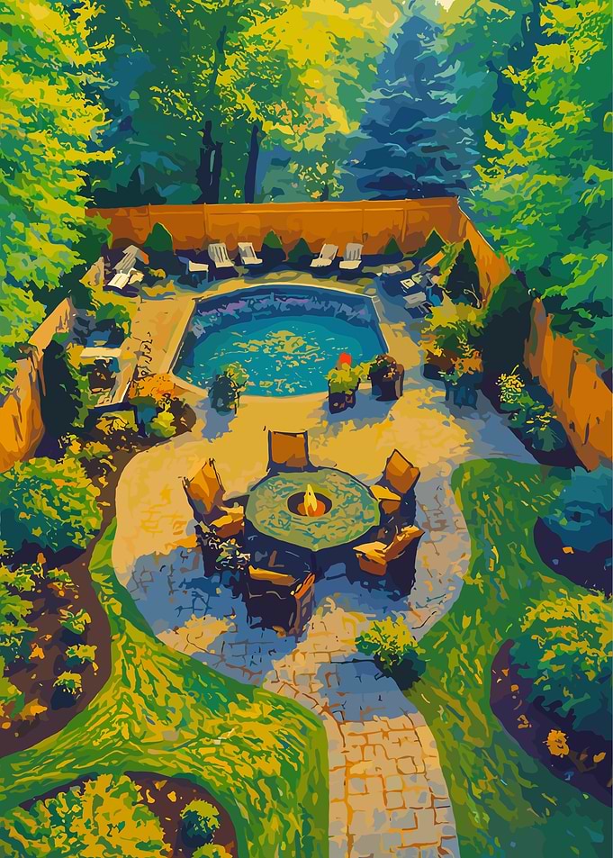 Backyard Pool and Patio Illustration