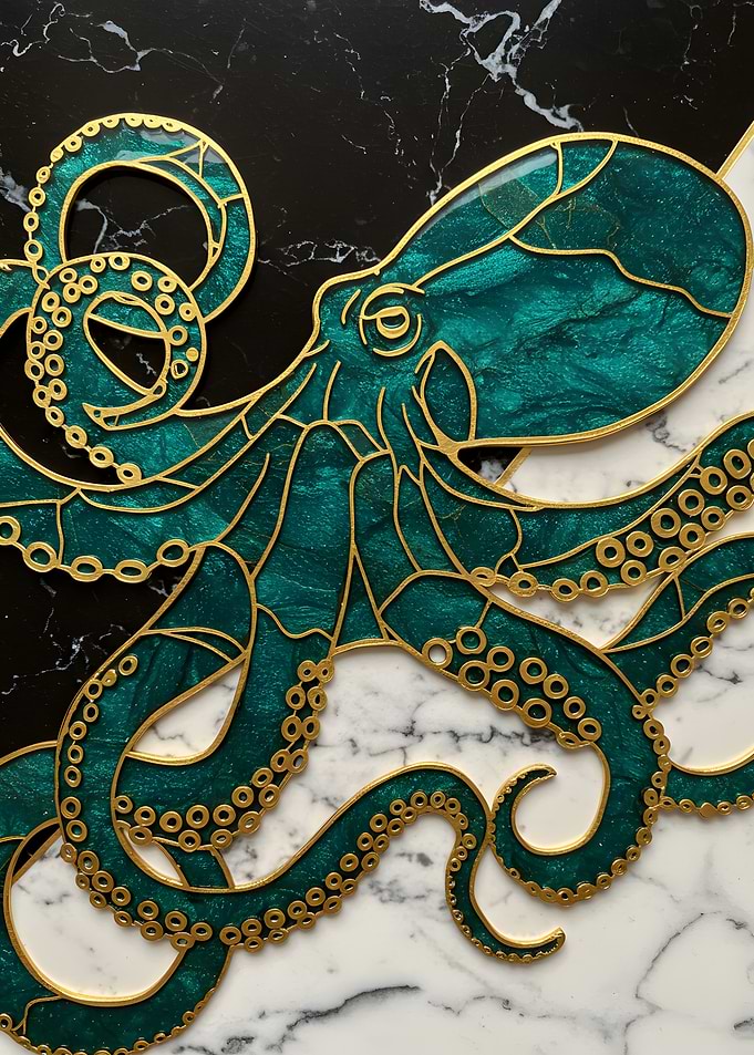 Elegant Teal and Gold Octopus Art