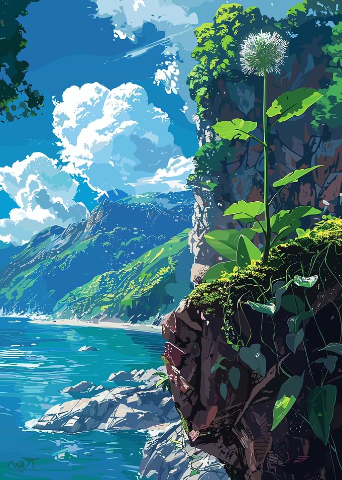 Coastal Cliff with Dandelion Digital Art