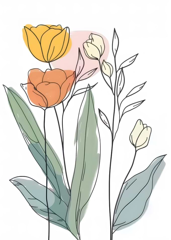 Floral Line Art with Pastel Accents