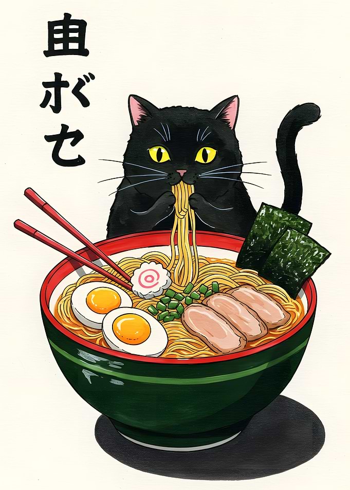 Japan Cat Eating Ramen