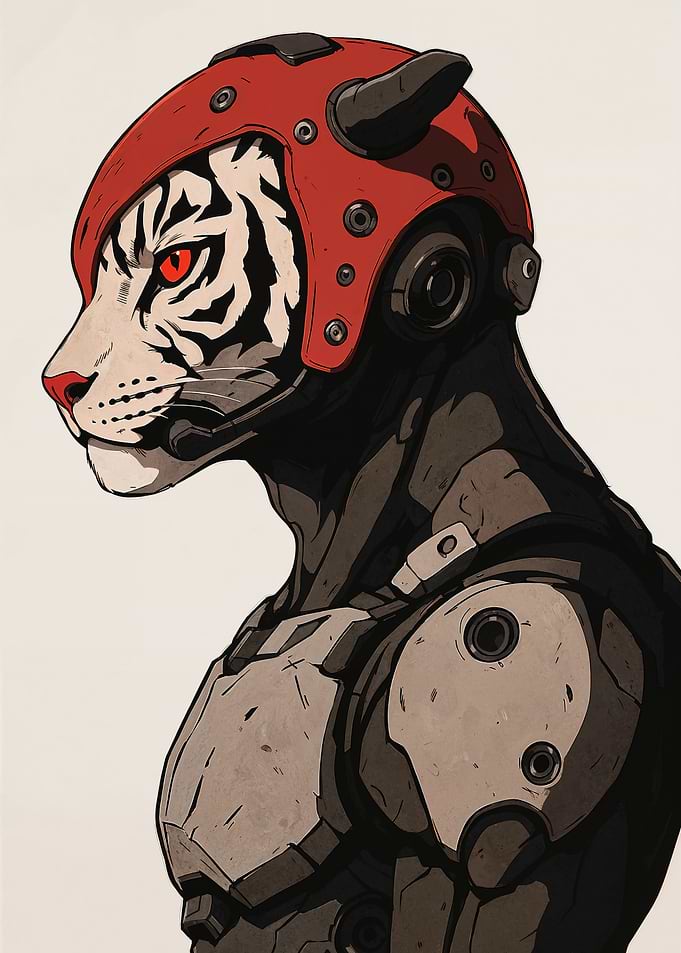 Cyberpunk Tiger Warrior with Red Helmet