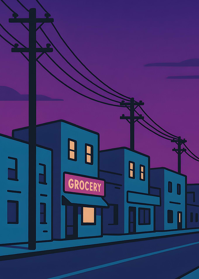 Nighttime Cityscape with Grocery Store