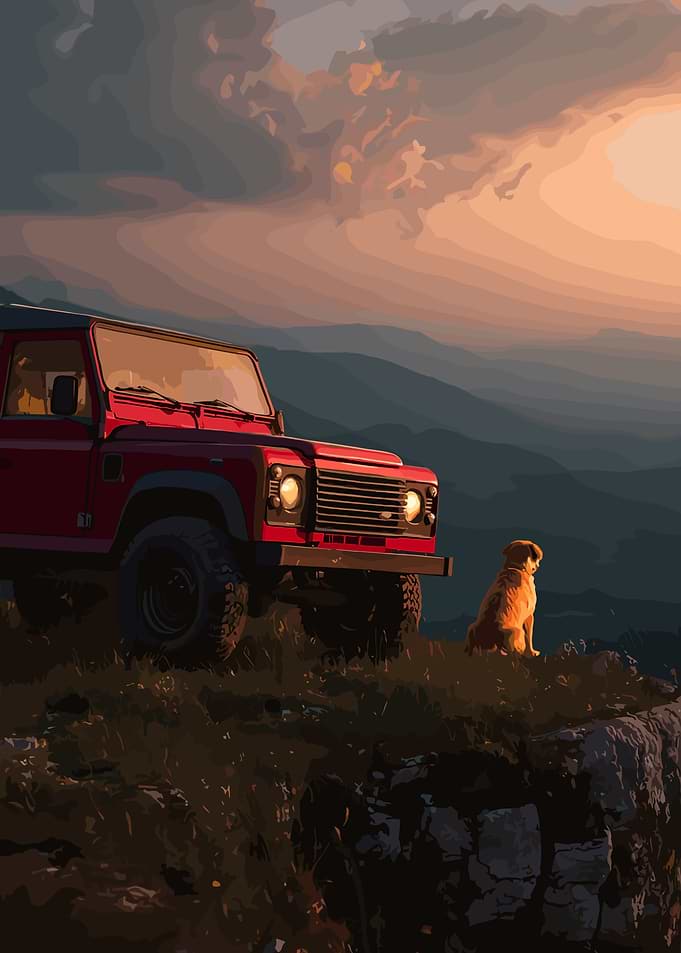 Red SUV and Golden Retriever at Sunset
