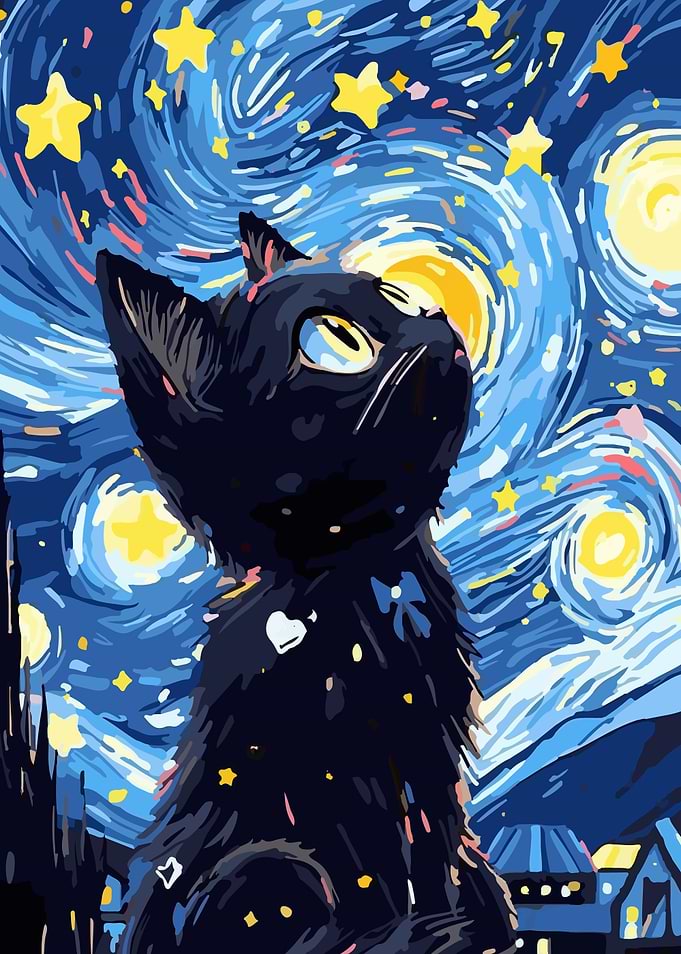 Black Cat Starry Night Painting