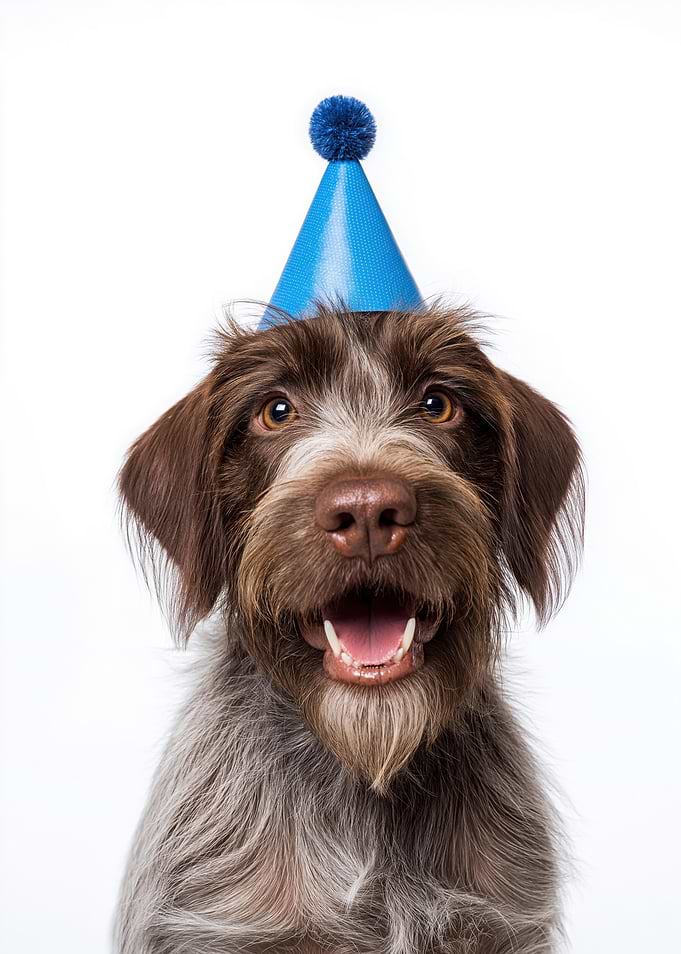 Wirehaired Pointing Griffon Dog with Birthday Hat Portrait