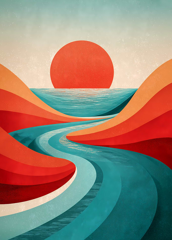 Retro Landscape with River and Sun