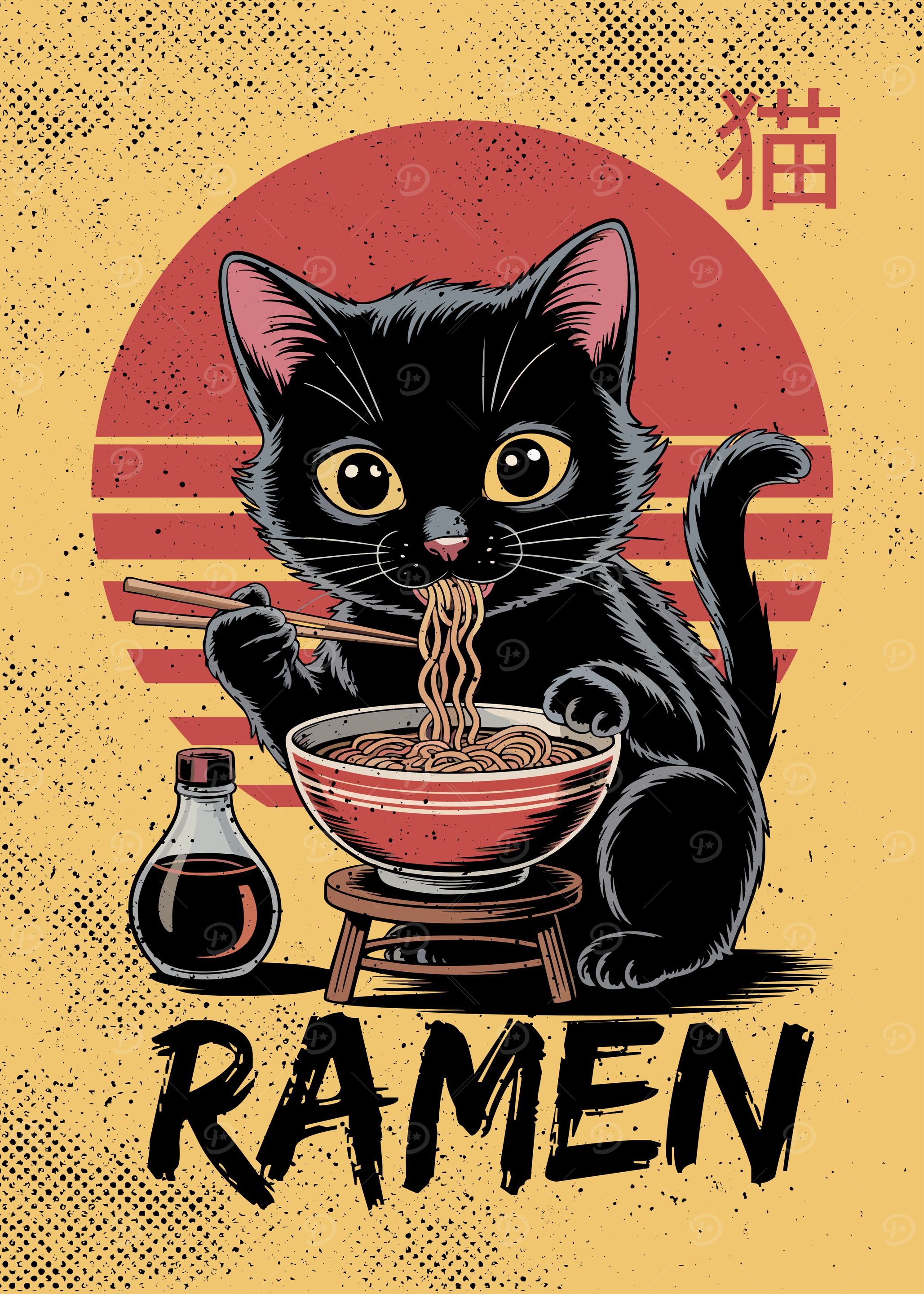 Black Cat Eating Ramen Illustration