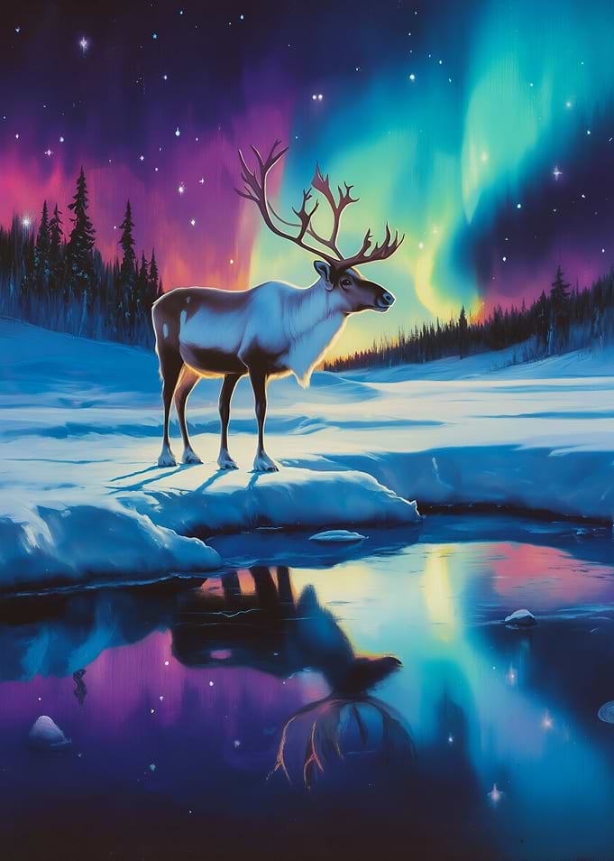 Reindeer under Aurora Borealis