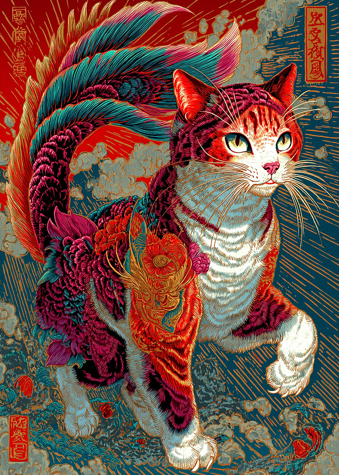 Ornate Nine-Tailed Cat Illustration