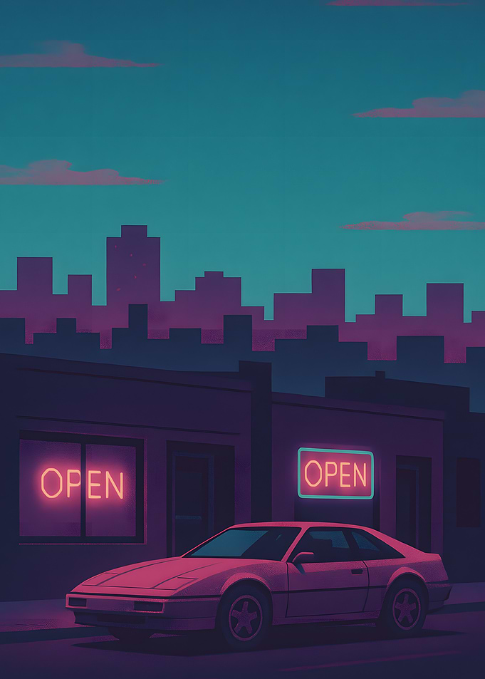 Retro Car at Night with Neon