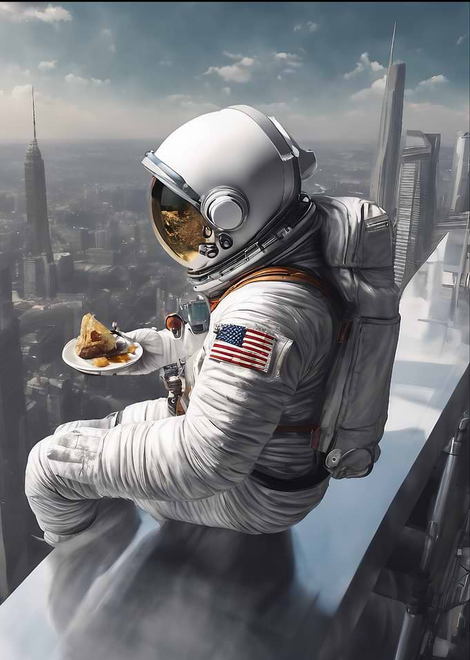 Astronaut Eating Cake on Skyscraper Edge