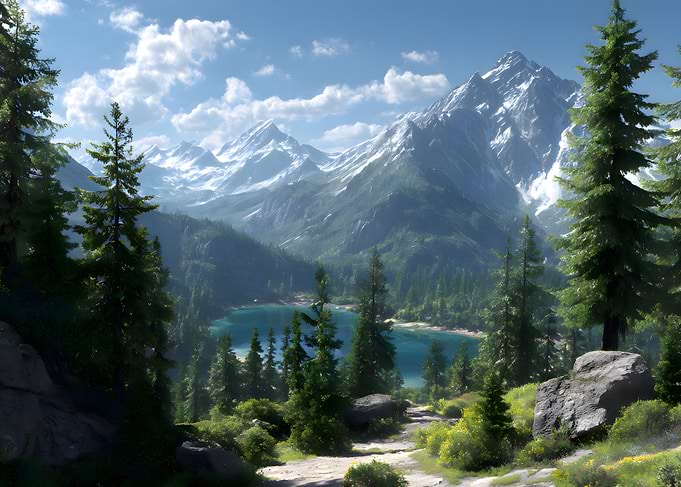 Mountain Lake Landscape with Pine Trees