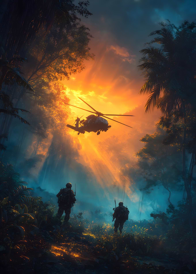 Helicopter and Soldiers in Jungle