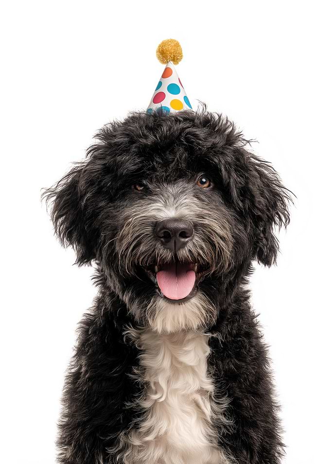 Happy Birthday Portuguese Water Dog with Party Hat