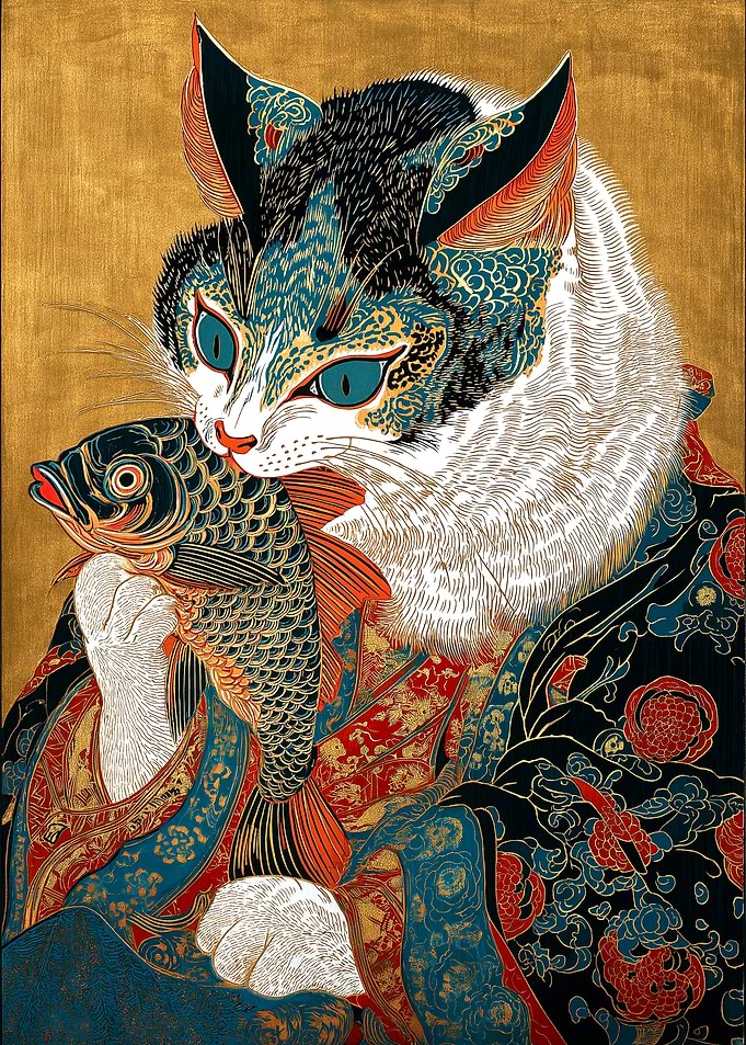 Cat with Fish in Ukiyo-e Style