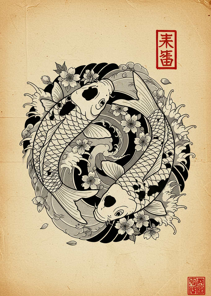 Yin Yang Koi Fish with Cherry Blossoms