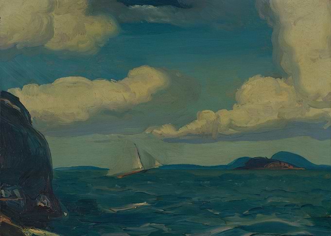 Seascape Painting with Sailboat and Clouds