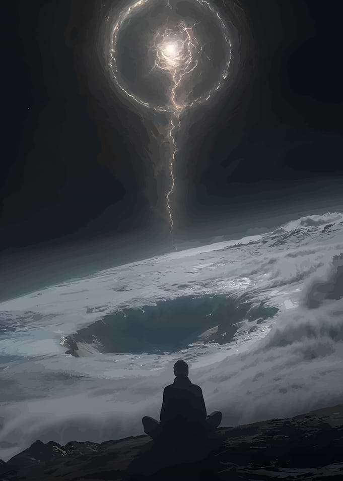 Meditating Figure Under Celestial Lightning