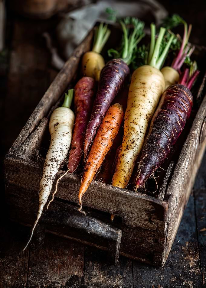 Colorful Carrots in Rustic Wooden Box