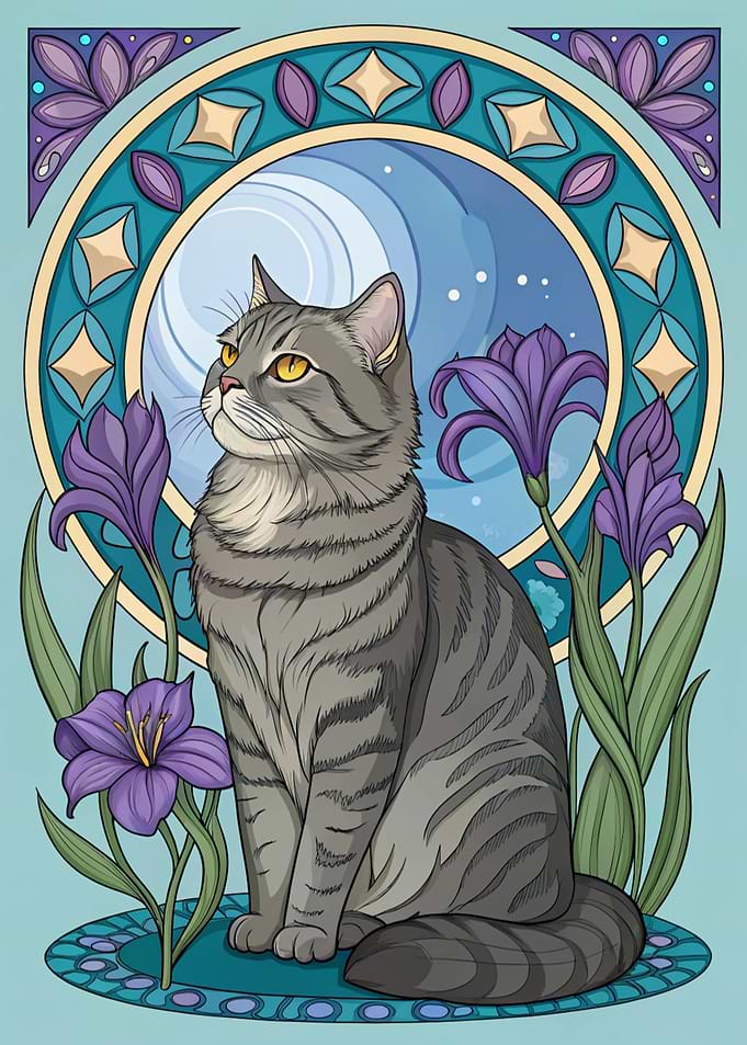 Cat with Flowers and Moon Art