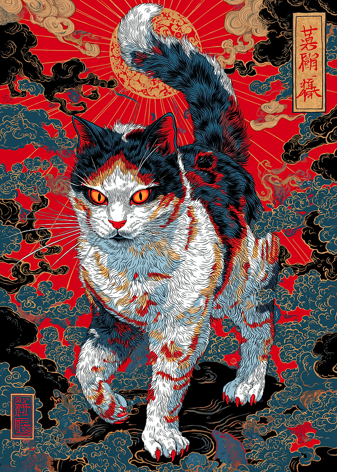 Ukiyo-e Style Cat with Clouds and Sun