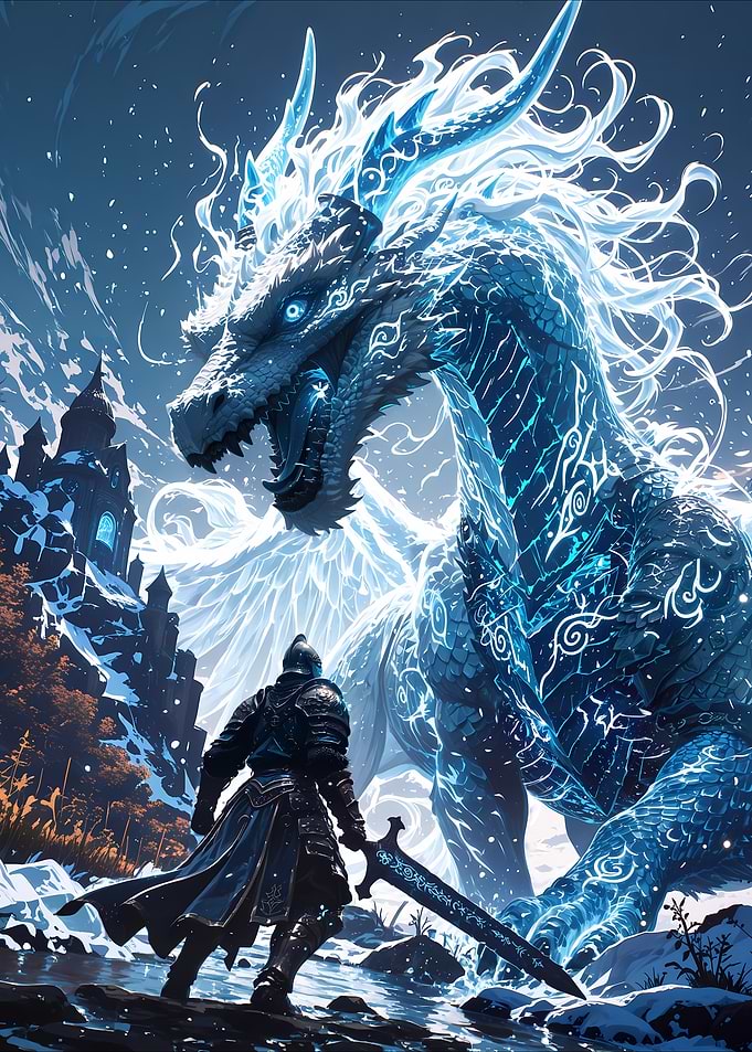 Knight Facing Ice Dragon in Snowy Landscape