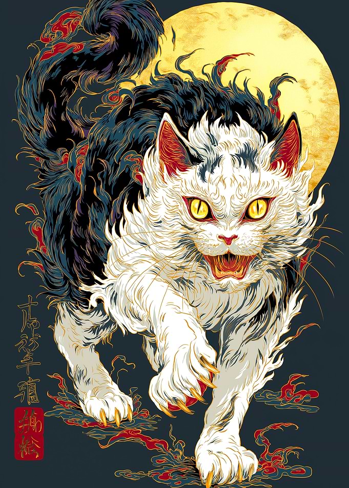 Japanese Cat Art with Moon