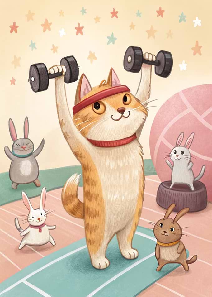 Cartoon Cat Lifting Weights with Bunnies