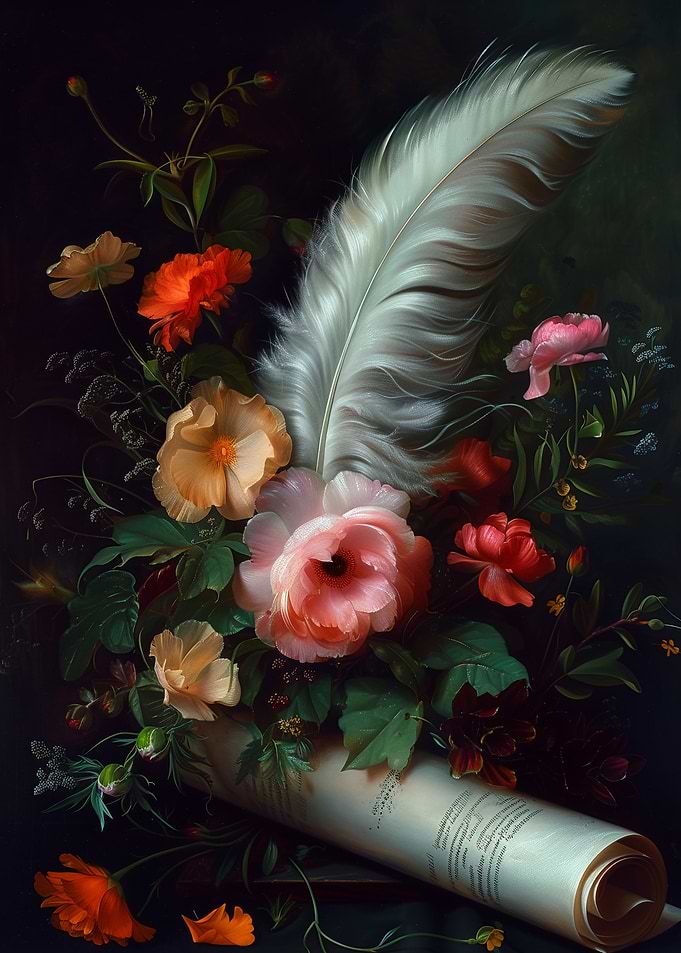 Floral Still Life with Quill and Scroll