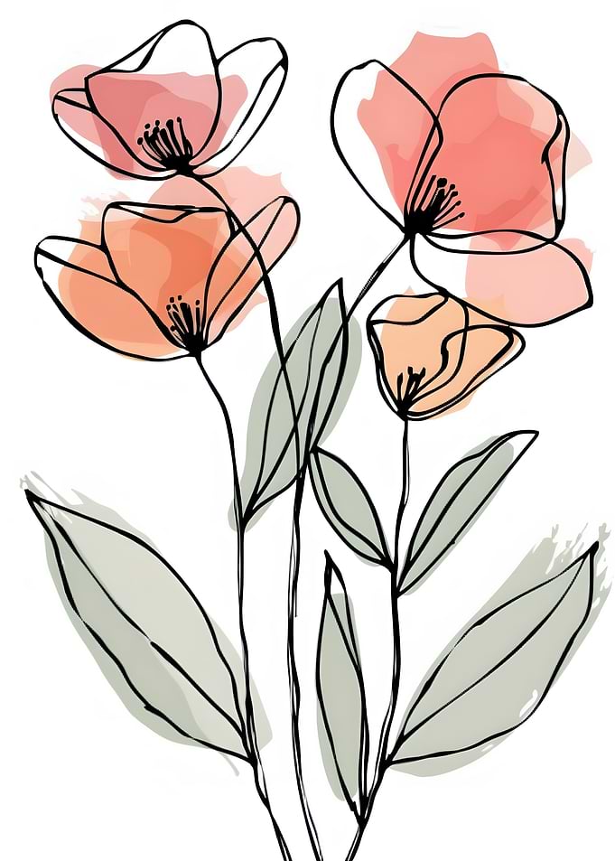 Floral Line Art with Watercolor Accents