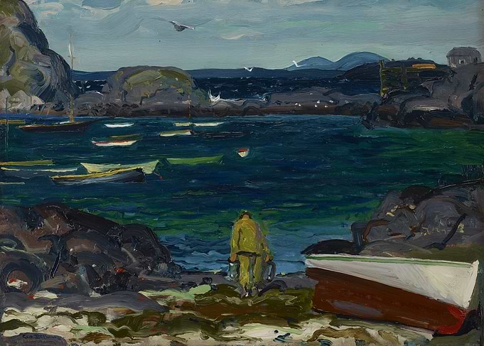 Coastal Scene with Boats and Fisherman