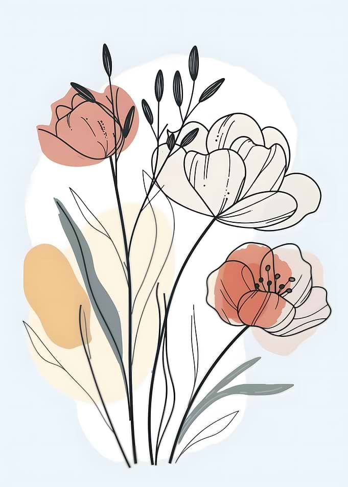 Floral Line Art with Abstract Shapes