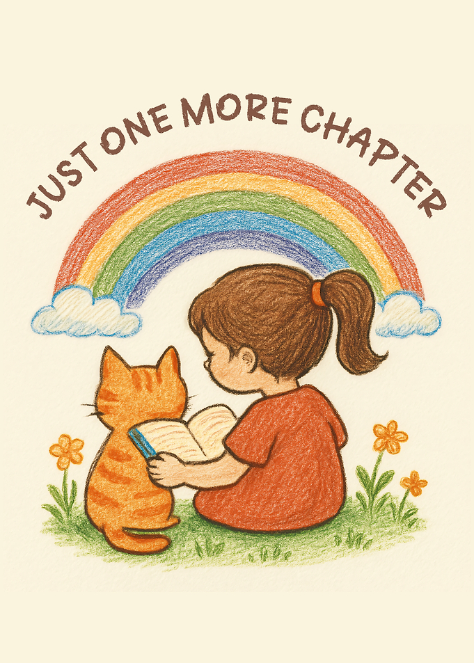 Girl and Cat Reading Under Rainbow