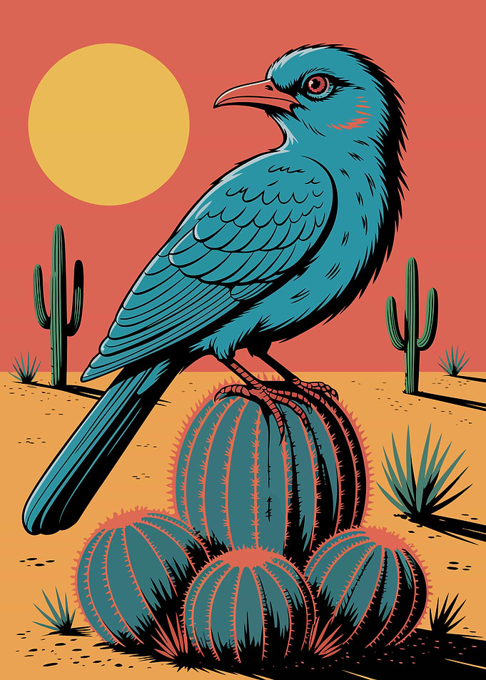 Blue Bird on Cactus in Desert