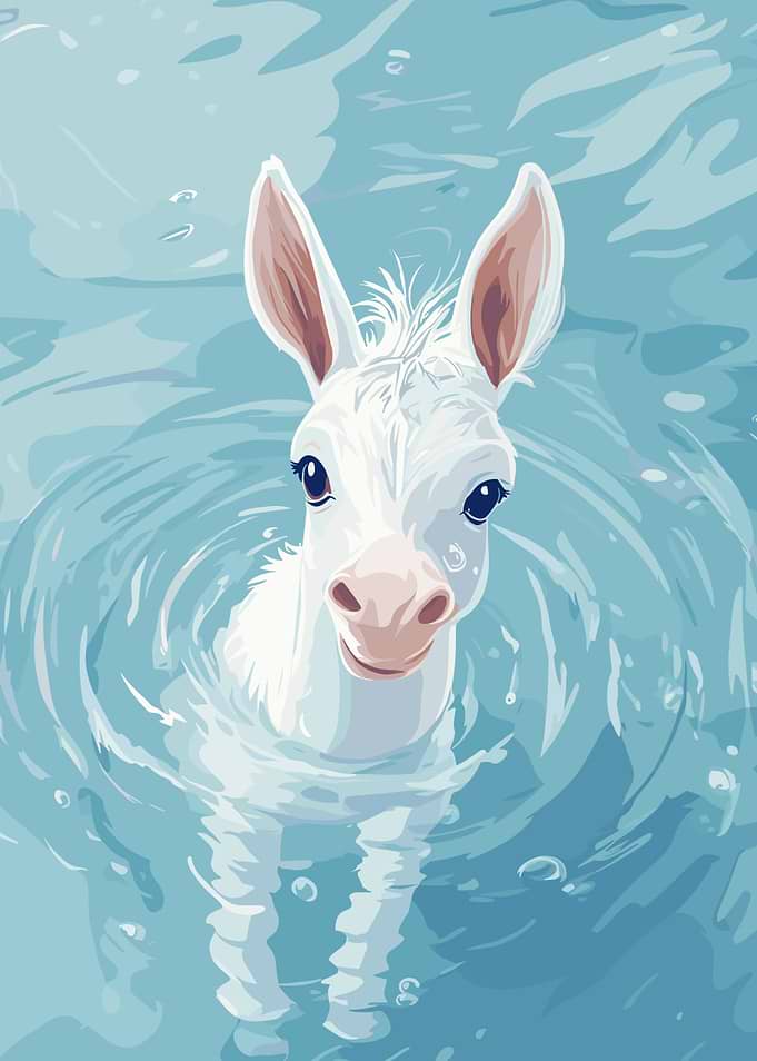 White Donkey Swimming in Blue Water
