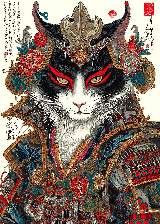 Samurai Cat Portrait in Ukiyo-e Style