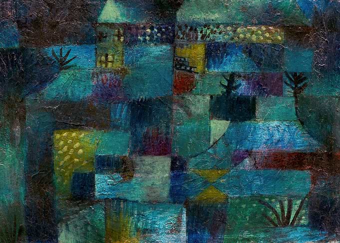 Abstract Cityscape Painting in Blues and Greens, paul klee paintings