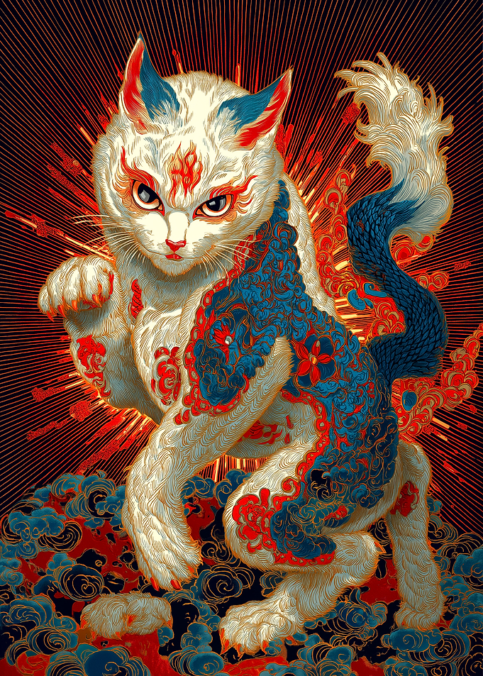 Ornate Cat Illustration with Asian Motifs