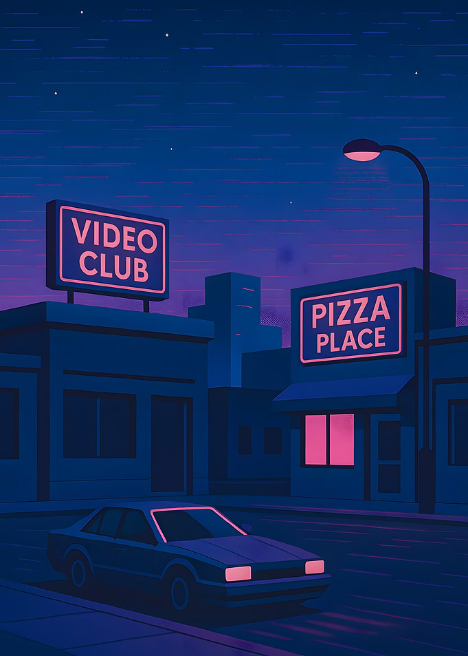 Night Cityscape with Video Club and Pizza