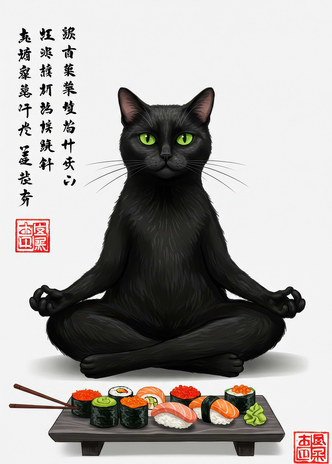Zen Cat with Sushi