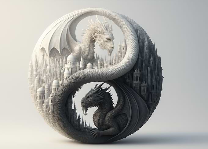 Yin Yang Dragons with Cityscapes