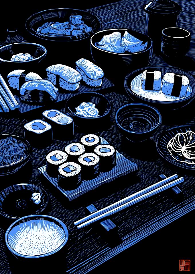 Blue Monochrome Sushi Feast Illustration