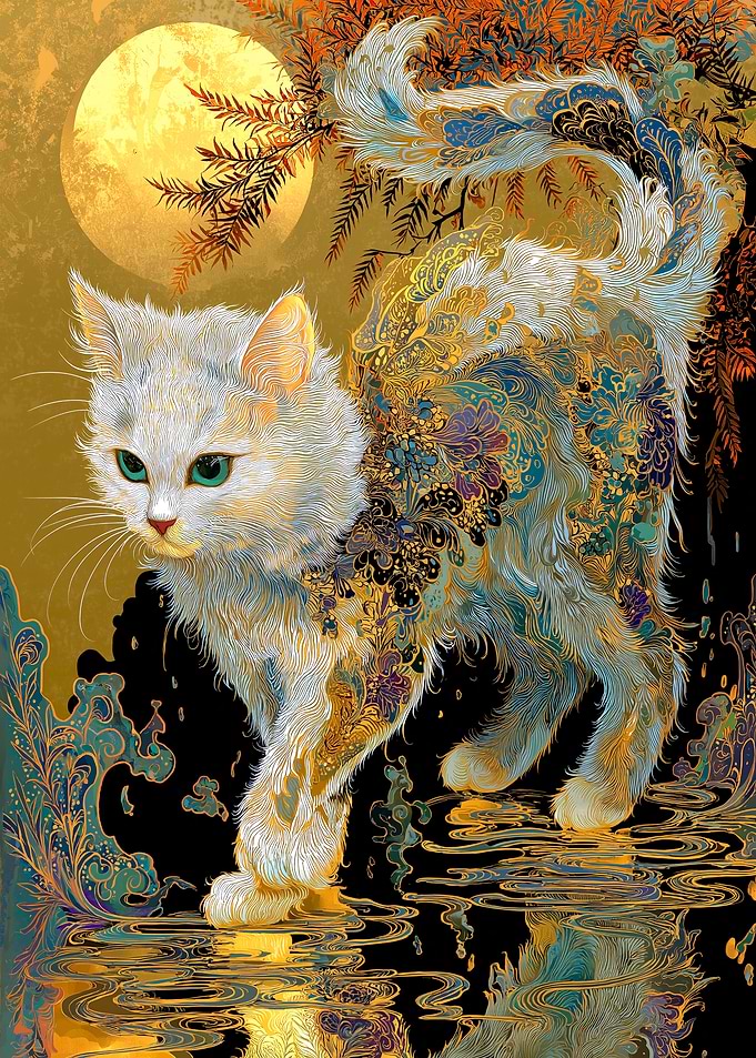Ornate Cat Under Moonlight