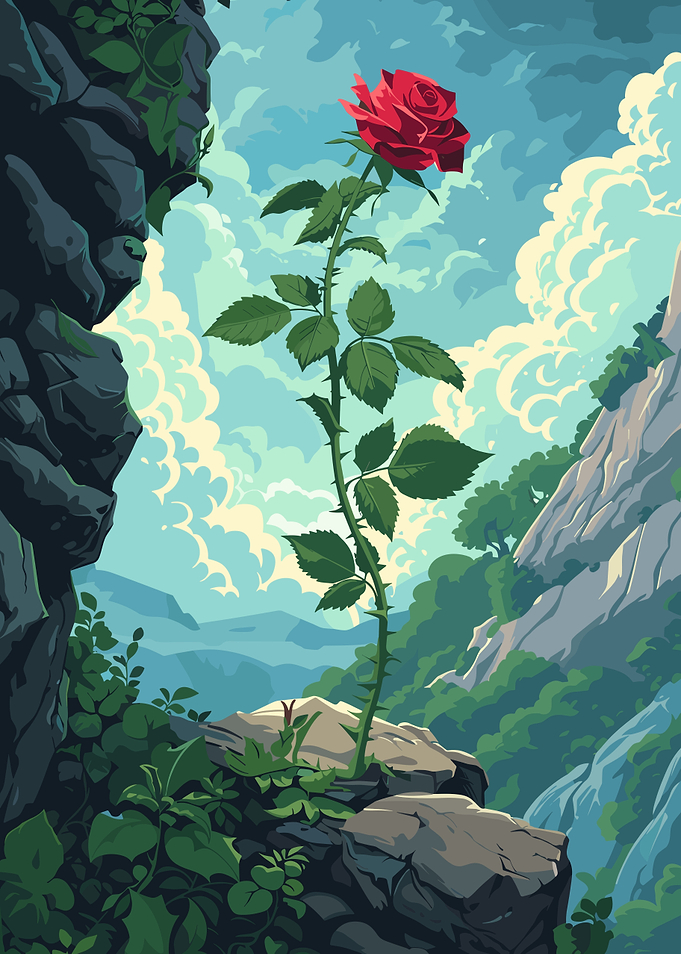 Red Rose in Mountain Landscape
