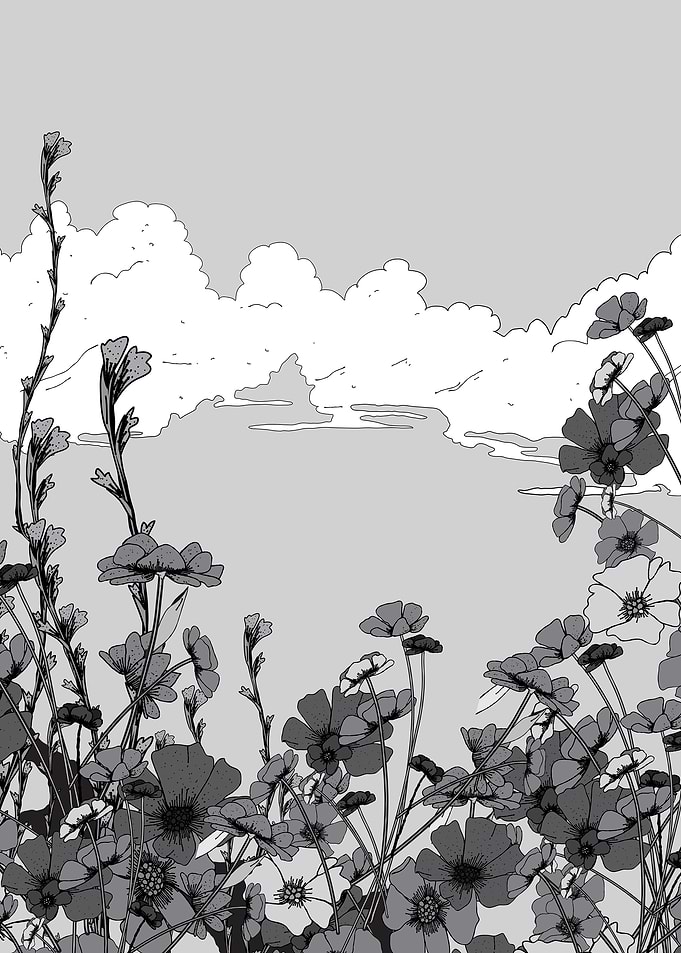 Monochrome Floral Landscape with Cloudy Sky