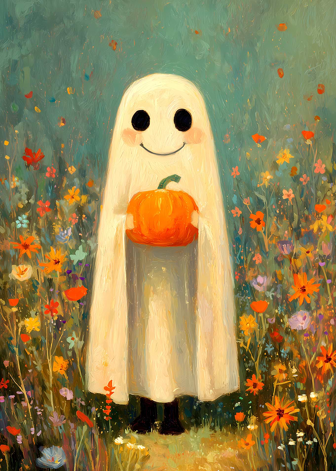 Cute Ghost with Pumpkin in Flower Field