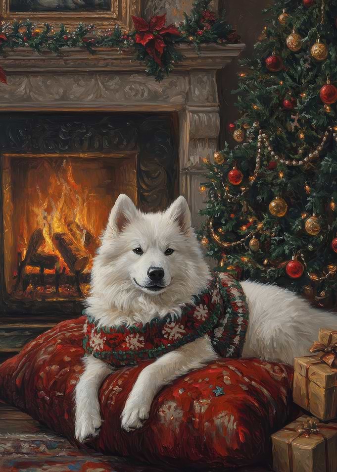 Samoyed dog Christmas portrait | Festive samoyed decor