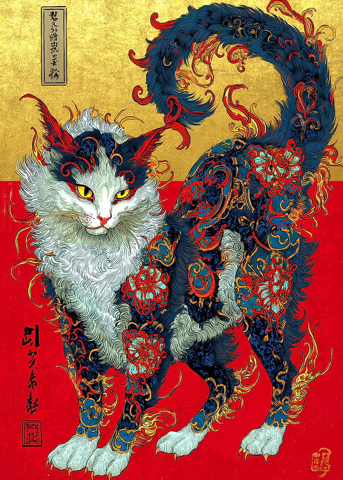 Ornate Japanese Cat Art